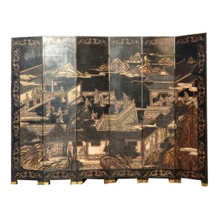 Vintage Oriental Asian Palace City Coromandel Chinoiserie Black Six Panel Screen For Sale