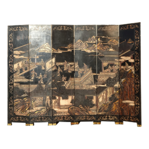 Vintage Oriental Asian Palace City Coromandel Chinoiserie Black Six Panel Screen