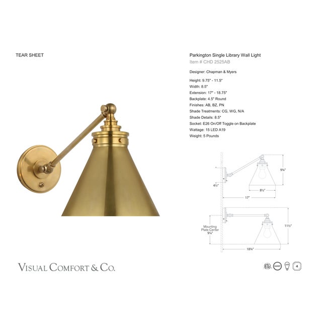 Modern Chapman & Myers for Visual Comfort Signature Parkington Single Library Wall Light in Antique-Burnished Brass For Sale - Image 3 of 5