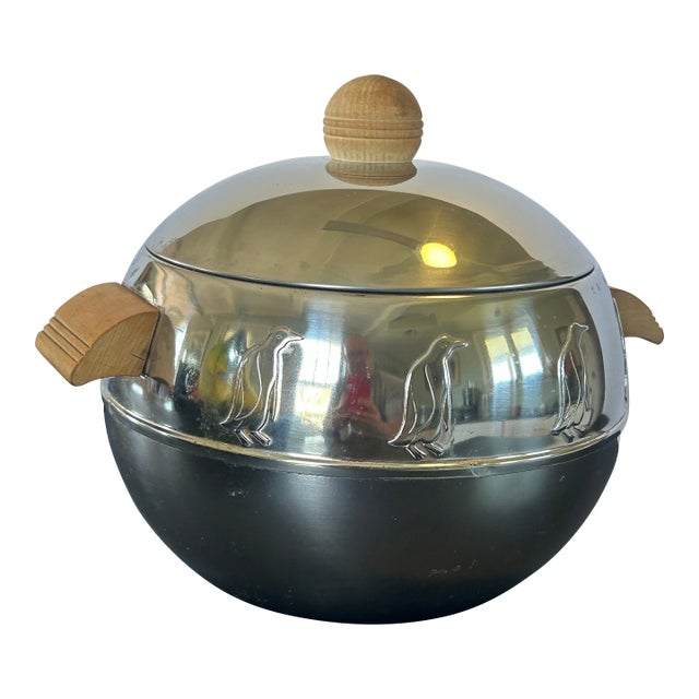 Vintage West Bend Penguin Hot & Cold Server Ice Bucket – Mid-Century Modern Chrome Barware With Wood Handles For Sale