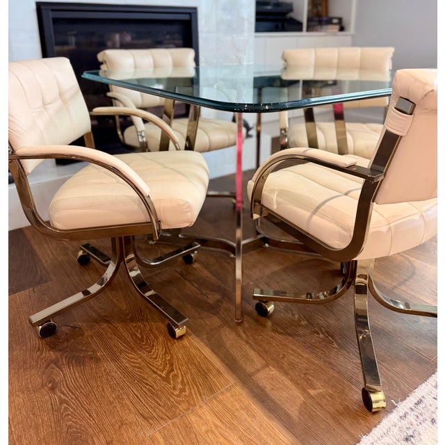 Cal-Style Vintage Cal-Style Bronzed Chrome & Glass Dining Set With Rolling Armchairs — Set of 5 For Sale - Image 4 of 14