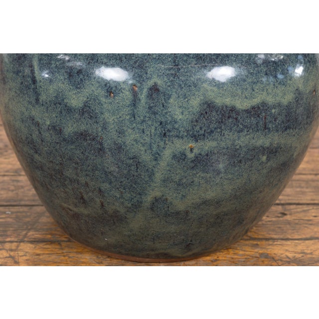 Vintage Chinese Blue Ceramic Circular Planter with Subtle Wave Patterns For Sale - Image 12 of 12