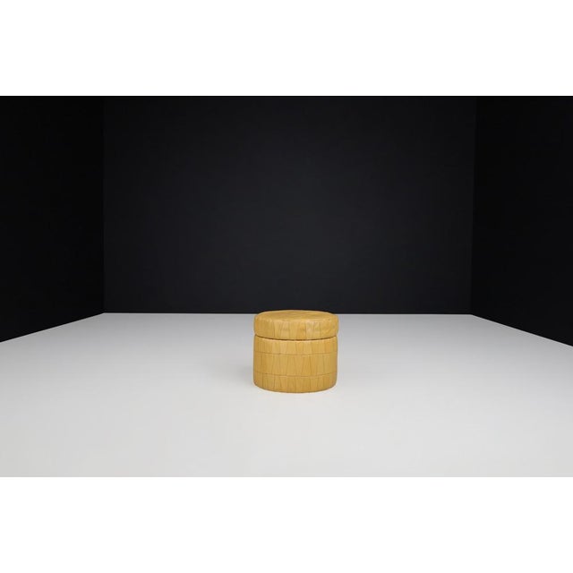 Round Storage Ottoman in Mustard Patchwork Leather attributed to de Sede, Switzerland, 1970s For Sale - Image 3 of 10