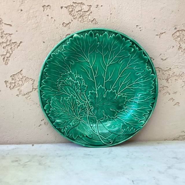 Green 1890 Montereau French Green Majolica Leaves Plate For Sale - Image 8 of 8