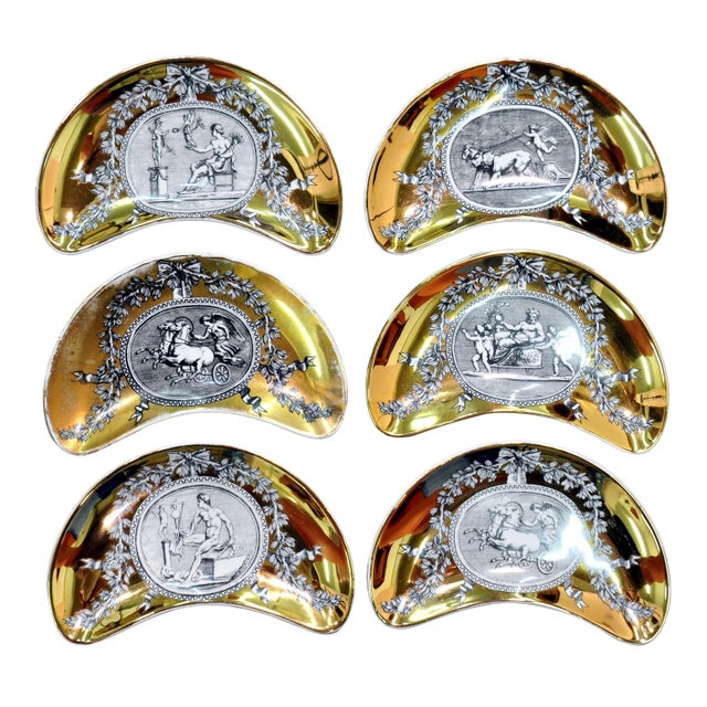 Set of Piero Fornasetti Medaglioni Gilt Porcelain Crescent Catchall Plates, 1960s For Sale