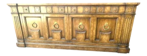 William Doezema for Mastercraft Attributed Hollywood Regency Neoclassical Sideboard - Walnut and Burlwood 80" X 20" X 31" - Circa Early 1960s