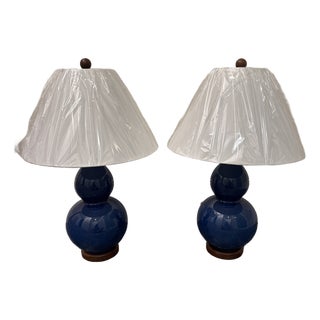 Lauren Ralph Lauren Blue Glazed Ceramic Crackle Double Gourd Ginger Jar Lamps - A Pair For Sale