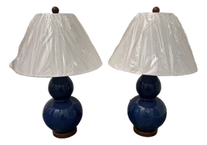 Lauren Ralph Lauren Blue Glazed Ceramic Crackle Double Gourd Ginger Jar Lamps - A Pair