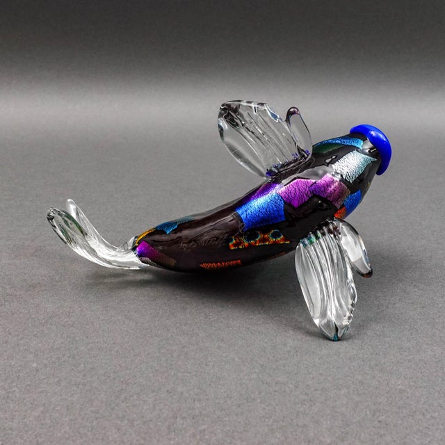 Blue Bruce Fruend Signed Iridescent Dichroic Hand Blown Art Glass Fish Sculpture For Sale - Image 8 of 9