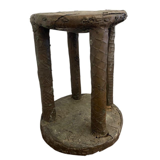 Mid-Century Modern Vintage Decorative Metal-Clad Stool or Pedestal With Hand-Tacked Surface and Patina For Sale - Image 3 of 10
