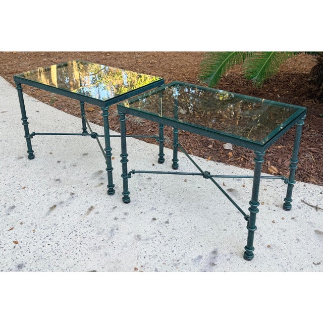 Diego Giacometti Pair of Giacometti Style Wrought Iron Verdigris Finish Glass Top Side Table For Sale - Image 4 of 12