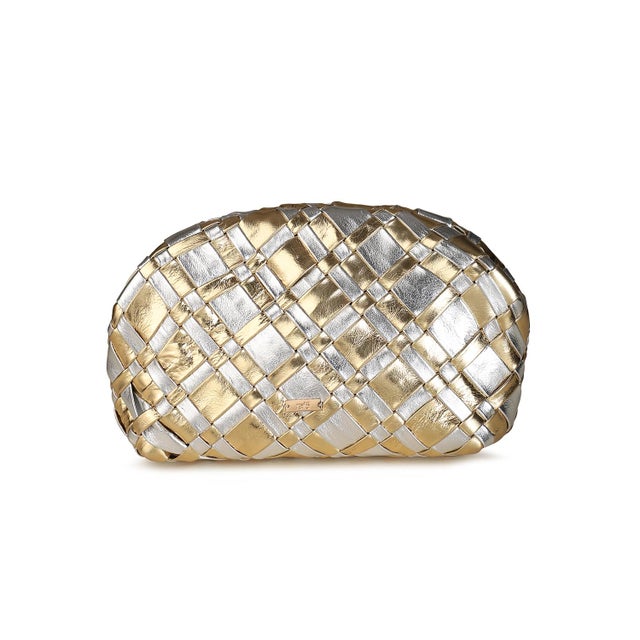 Rafe Aya Woven Leather Frame Clutch in Gold and Silver For Sale - Image 4 of 6