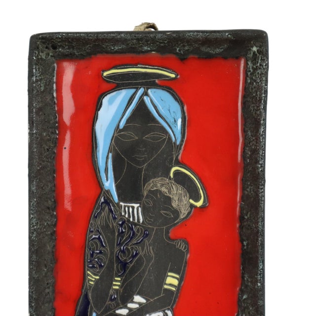 Beautiful vintage wall sculpture from the 1950s; red, blue, and black glazed ceramic; San Marino pottery; marked "Made in...