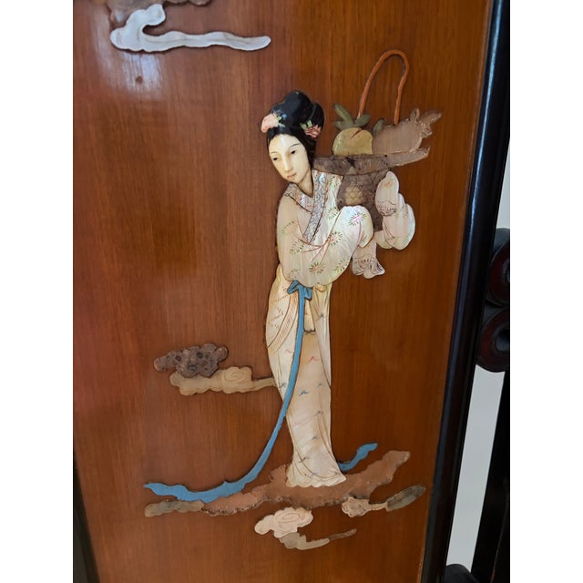 Unusual and stunning decorative room screen. Intricate design of traditionally dressed women, children, still lives and...