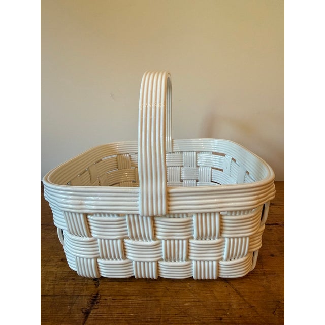 Traditional Vintage Woven Ceramic Handled Basket, Made in Italy For Sale - Image 3 of 8