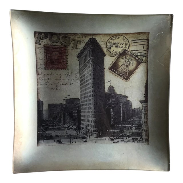 Hand-Made Leafed Art Glass Plate With Collage of Flat Iron Building, Ny Stamps and Post Mark For Sale