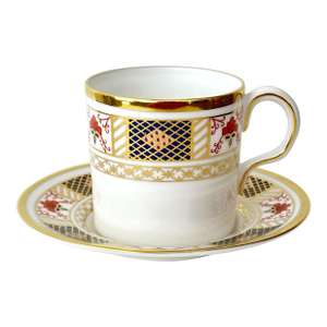 Late 20th Century Royal Crown Derby - Derby Border Demitasse Cup and Saucer, Cobalt Blue, Rust & Gold Cup for Espresso, Tea and More