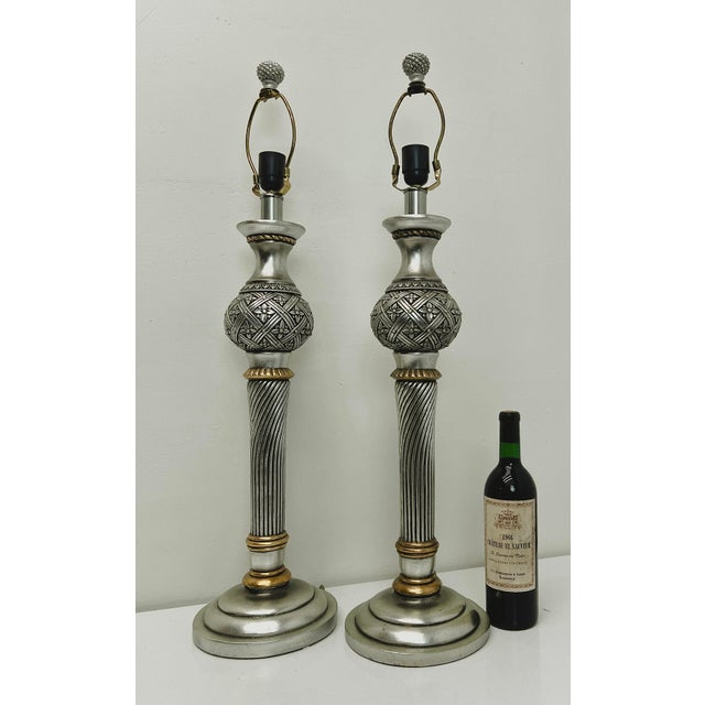 Large Silver Gold Carved Spheric Table Lamps, 1990s, Set of 2 For Sale - Image 3 of 11
