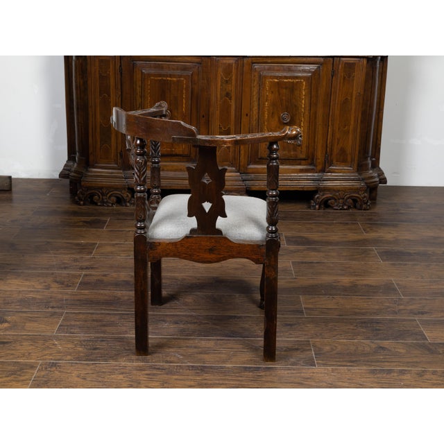 English 19th Century Oak Corner Chair with Carved Foliage and New Upholstery For Sale - Image 4 of 10