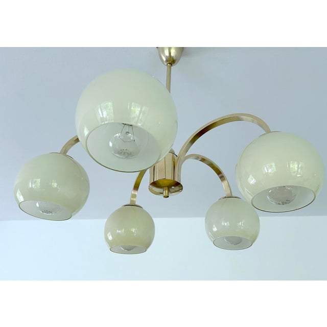 Art Deco Opaline Glass and Brass Pendant Light, 1950s For Sale - Image 9 of 15
