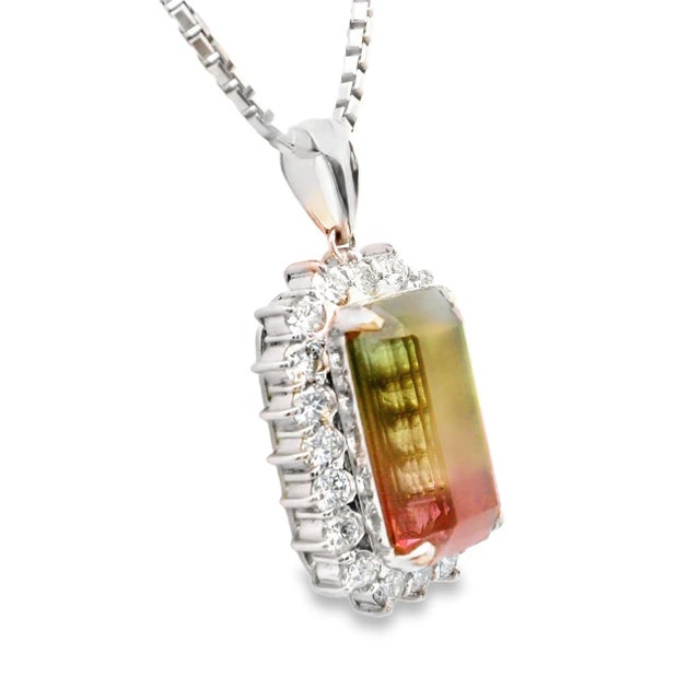 A captivating pendant necklace showcasing a stunning bi-color watermelon tourmaline, weighing 12.53 carats. The tourmaline...