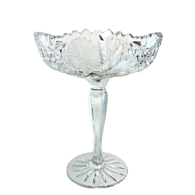 Early 20th Century American Brilliant Period Cut Glass Etched Floral Crystal Pedestal Compote, Notched Stem For Sale In Greenville, SC - Image 6 of 8