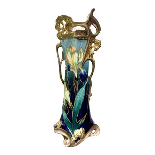 Antique Carl Knoll Karlsbad Art Nouveau Hand-Painted Porcelain Iris Vase, Bohemia, Circa 1900 For Sale