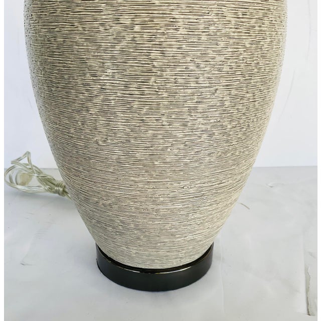 Stylish Modern Mushroom Glazed Textured Ceramic Table Lamp, light khaki fabric shade, black ball finial, showroom floor...