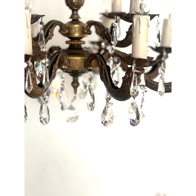 Vintage French Brass and Lead Crystal Chandelier, 1950s For Sale - Image 9 of 14