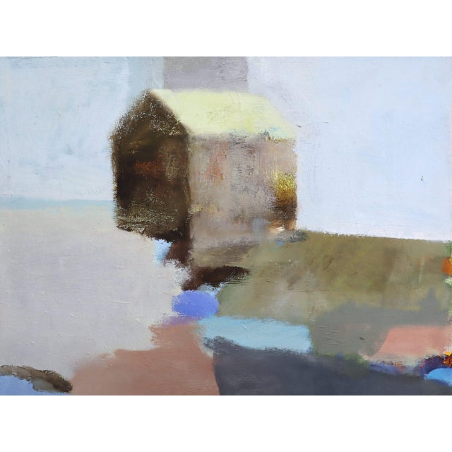 Mid-Century Modern 'House Above the Fields' Vintage Original Abstract Landscape Oil Painting, Framed For Sale - Image 11 of 14