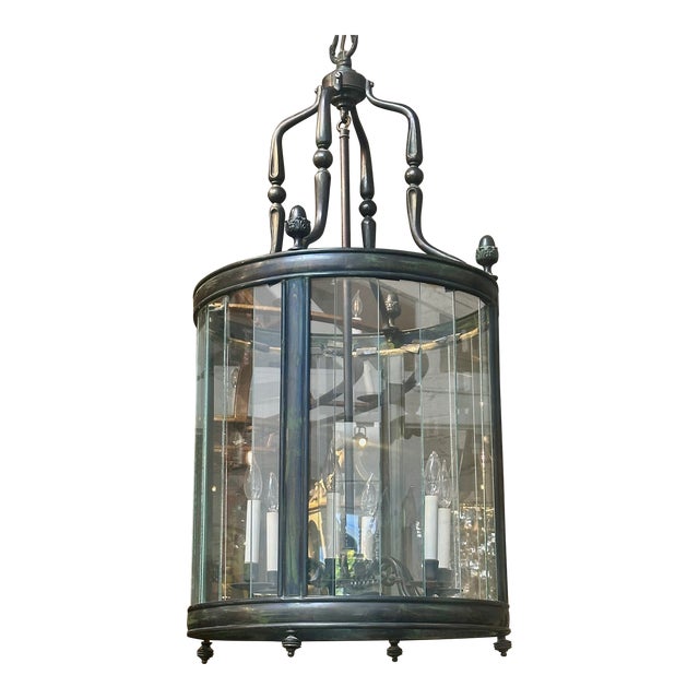 Huge Charles Pollock Patinated Bronze & Glass Hall Lantern Chandelier For Sale