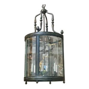Huge Charles Pollock Patinated Bronze & Glass Hall Lantern Chandelier