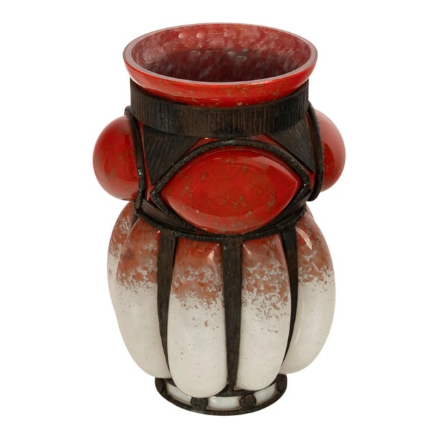 Art Deco Antique French Art Deco Glass & Iron Vase Charles Schneider Edgar Brandt 1920 For Sale - Image 3 of 9