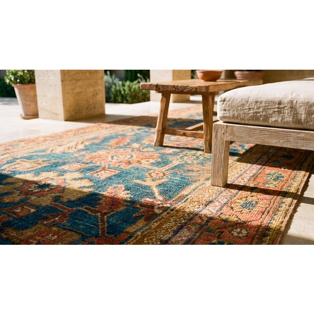 Textile Beautiful Light Blue Background Tribal Large Scale Pattern Small Antique Turkish Oushak Rug For Sale - Image 7 of 9