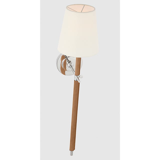 Bryant Large Wrapped Tail Sconce in Polished Nickel and Natural Leather with Linen Shade Designer: Thomas O'Brien Finish:...