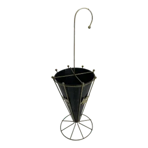 Mid Century Modern Brass and Black Umbrella Stand With Brass Leaves