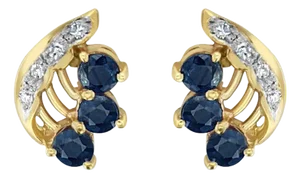 Sapphire Wing Style Studs with Diamond Accent 14k Yellow Gold, 2 Pieces