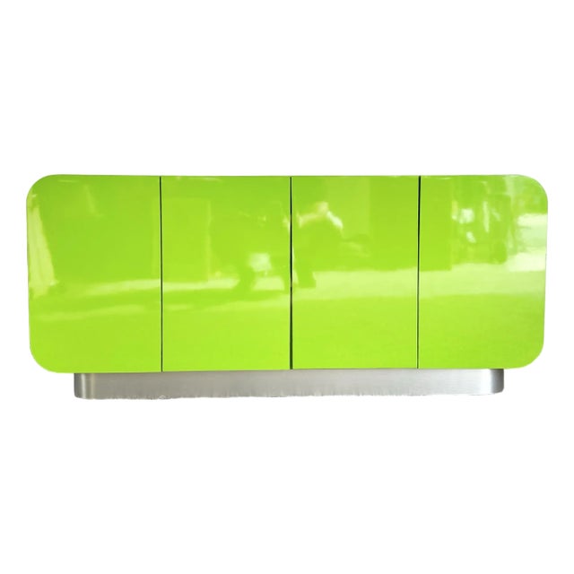 1980s Postmodern Lime Green Lacquer Laminate Waterfall Low Credenza For Sale