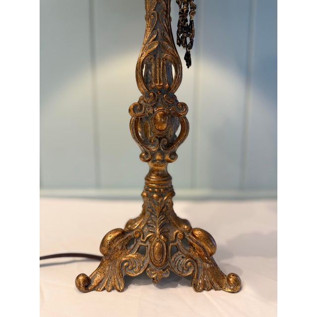 Vintage Carved Table Lamp With Decorative Beaded Detail & Shade For Sale In Nashville - Image 6 of 12