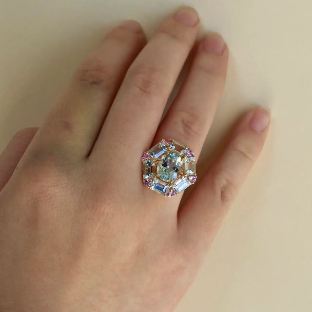 Sky Blue Nina Zhou Margeret Aquamarine Pink Sapphire Cocktail Ring in 14k Yellow Gold Ring, size 5 For Sale - Image 8 of 10