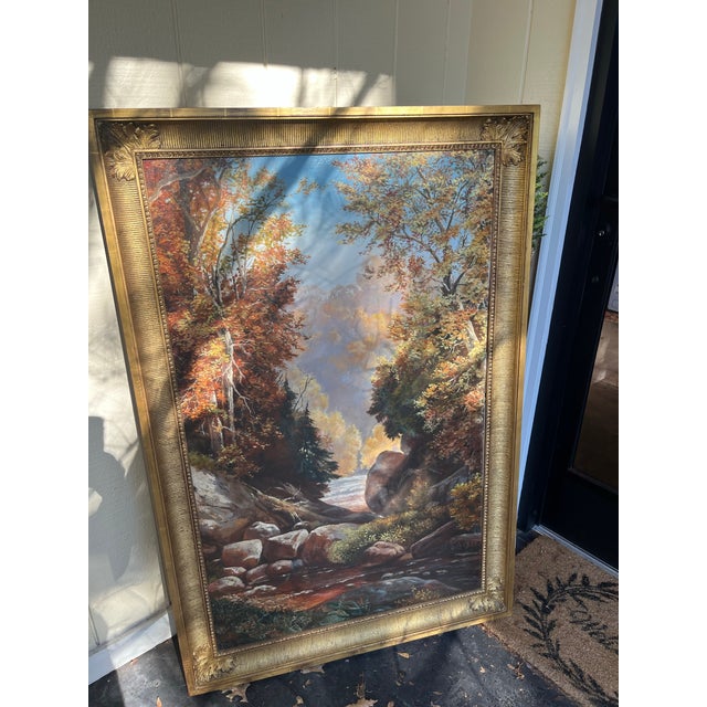 Textile Mid 20th Century Oversized Oil on Canvas Landscape Painting, Framed For Sale - Image 7 of 11