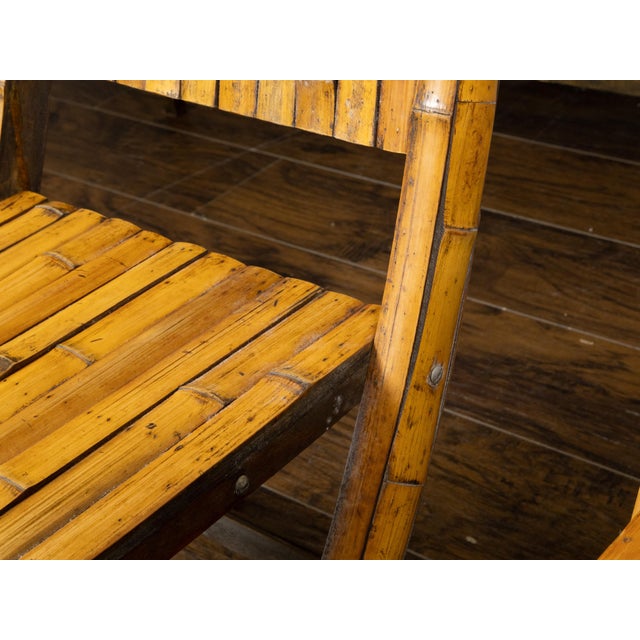 Pair of Midcentury Bamboo Folding Chairs with Slatted Design and Light Patina For Sale In Atlanta - Image 6 of 10