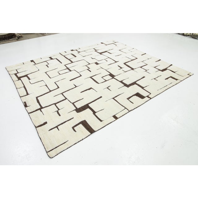 Abstract Modern Natural Moroccan Style Wool Rug With Ivory and Brown Abstract Design For Sale - Image 3 of 10