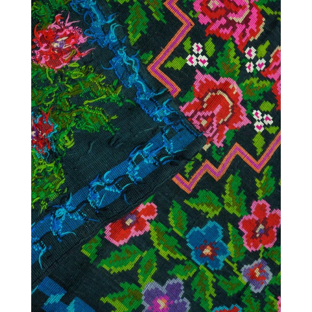 Vintage Romanian Bessarabian-Style Black Floral Wool Rug with Cobalt Blue Border, 1970s For Sale - Image 6 of 9