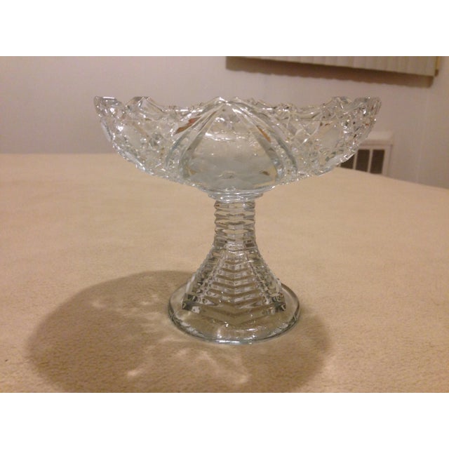 Vintage ABP Pressed/Cut Glass PEDESTAL COMPOTE. Stepped Base Candy Dish. Scalloped. Unknown make and year but is similar...