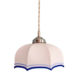 Art Deco Pendant Light in Scalloped White Opaline and Blue Glass, 1930s For Sale