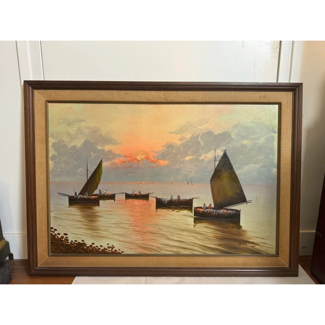 1950s Brandi, Rosario, Ships at Dusk, Large Mid Century Italian Seascape Painting For Sale - Image 5 of 12