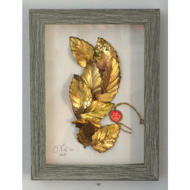 Vintage Italian Patina Gold Leaf Tole Collages, Framed Pair, Mid Century For Sale - Image 4 of 7