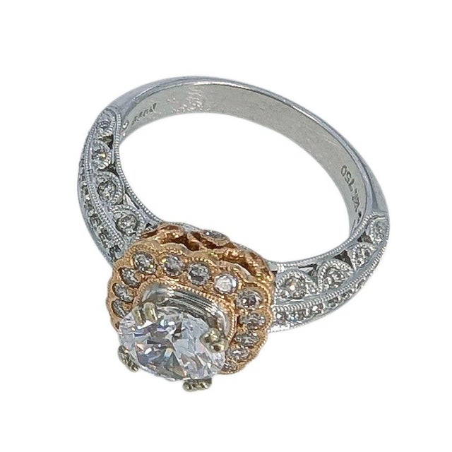 Estate Rose & White Gold Pave Diamond Engagement Ring CZ Center, size 7.75. This gorgeous 18 karat white and rose gold...