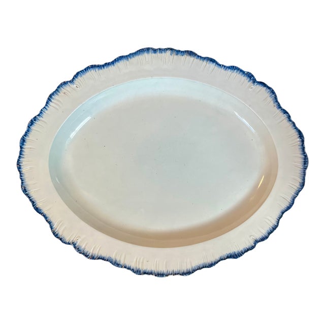 Large Antique 18th Century English George III Creamware Blue Shell Edge or Feather Edge Oval Platter Circa 1790 For Sale